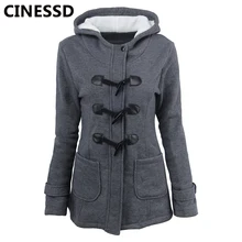 CINESSD Women Hooded Coat Parkas Horn Button Wool Thicken Trench Jacket Gray Autumn Winter Plus Size Cashmere Pocket Casual Coat plus size hooded horn button coat