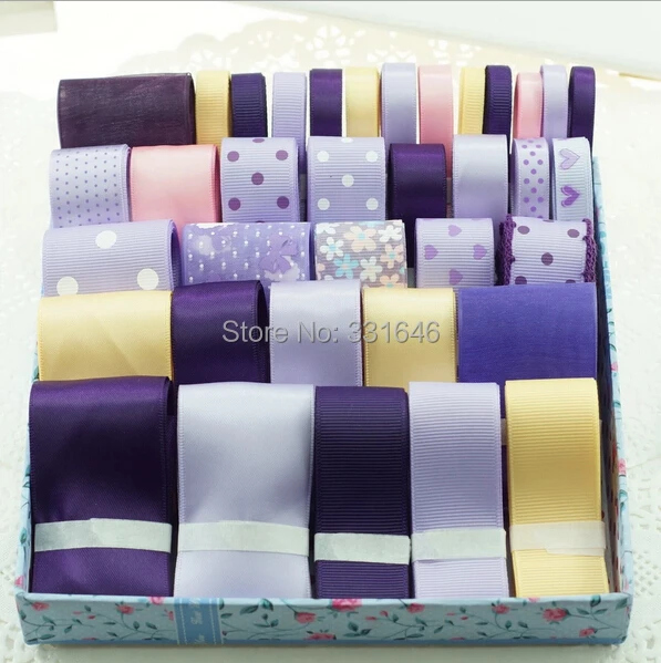 

2015NEW, 36M Purple Diy handmade kids hair bows material accessory decor ribbon cotton lace grosgrain/satin printed ribbon Set
