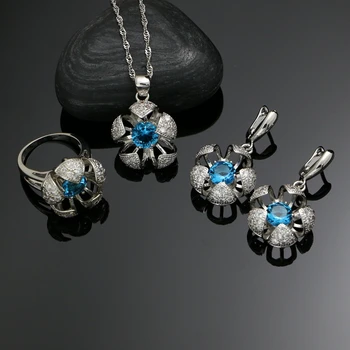 

Flower Silver 925 Jewelry Sky Blue Cubic Zirconia White Crystal Beads Jewelry Sets Weeding Earrings/Pendant/Ring/Necklace Set