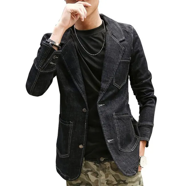Plus Size Mens Denim Blazer Black Solid Cotton Men'S Blazer Suit Jacket