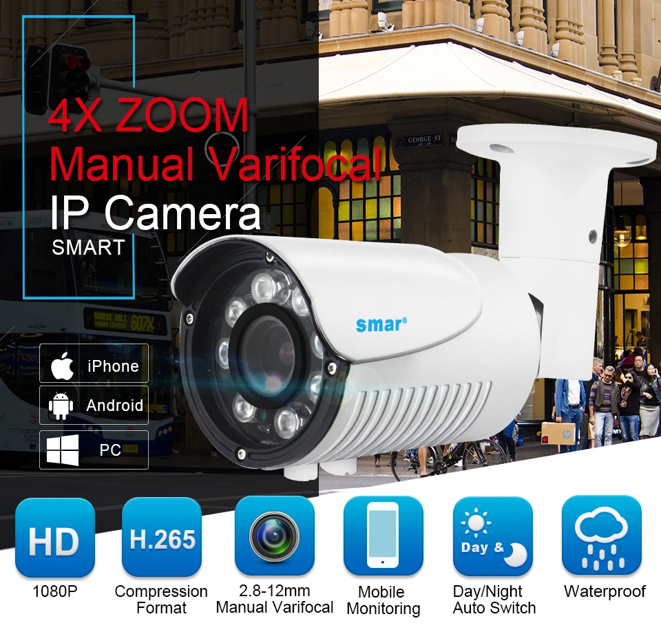 Smfull HD 2,8-12 мм зум ip-камера H.265 HI3516CV300 Onvif 8 Нано ИК светодиодов ночного видения Водонепроницаемая наружная камера 1080P