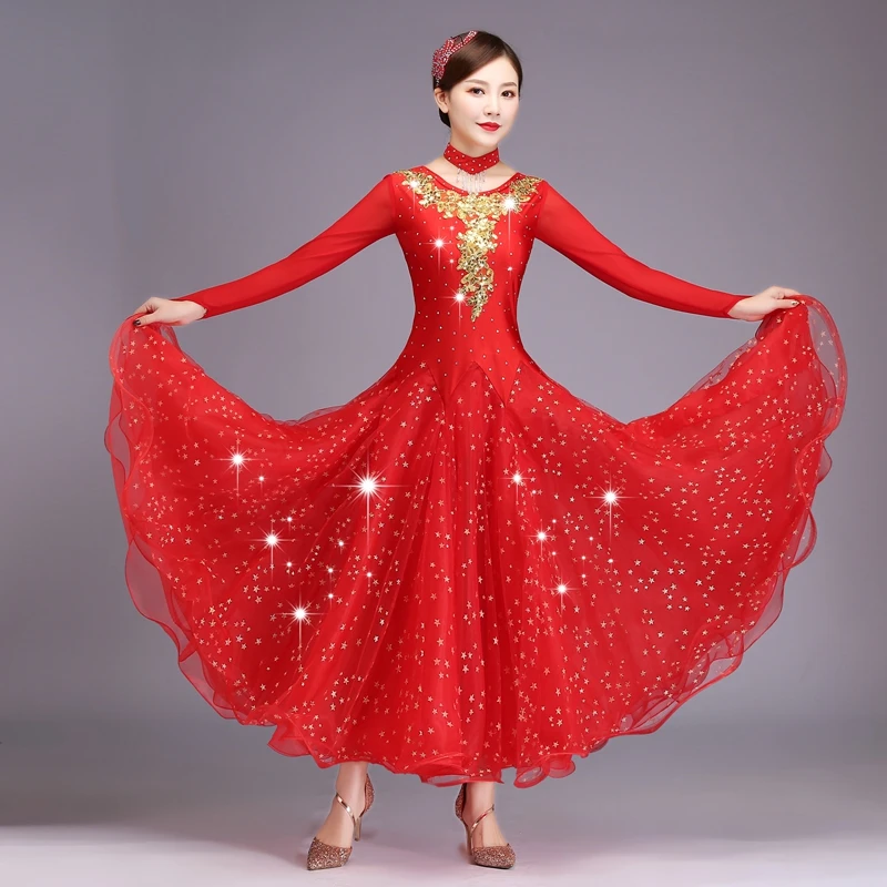 

Women Standard Ballroom Dance Dresses Adult 2019 New Design Long Sleeve Sparkling Ballroom Competition Dancing Dress