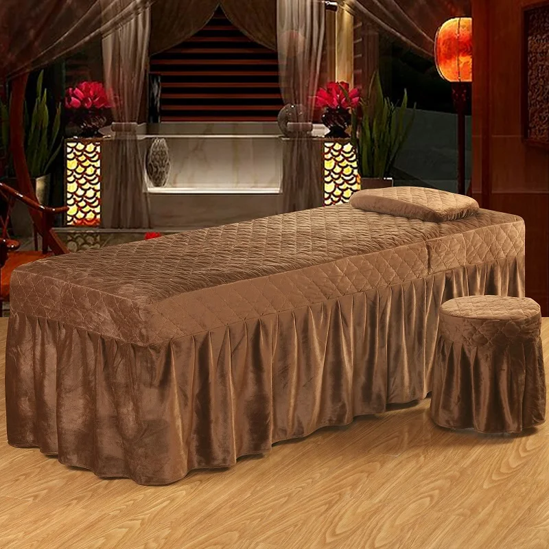 

One Piece Soft Beauty Salon Bed Skirt Crystal Velvet Solid Color Bed Spread for Hairdresser Esthetic Salon 70*190cm Brown MZR1