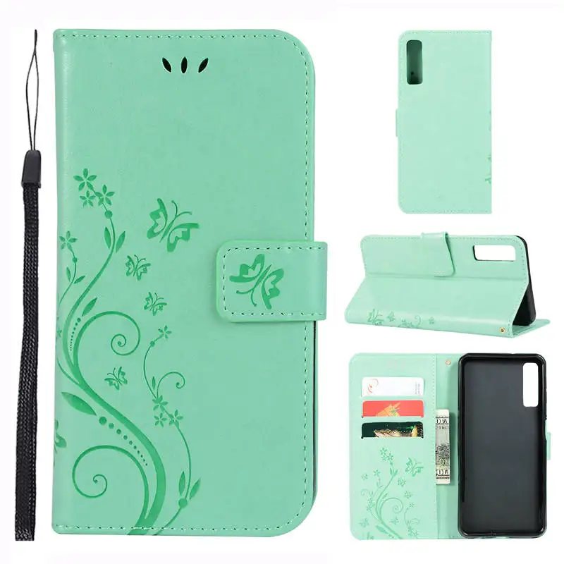 Бабочки из искусственной кожи чехол-портмоне с откидной крышкой чехол для телефона чехол для samsung A7 A750 A9 A920 J4 Plus J6 S10 A50 A30 M10 M20 M30 Coque - Цвет: Mint Green