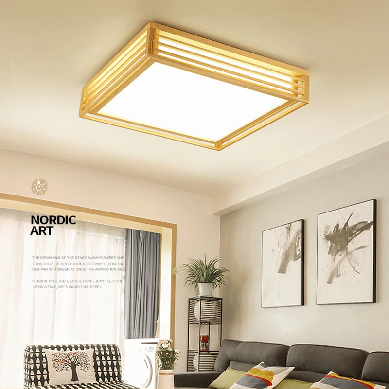 

Square Solid Wood LED Ceiling Light Nordic Modern Minimalist Creative Restaurant Bedroom Japanese Style Tatami Lamp