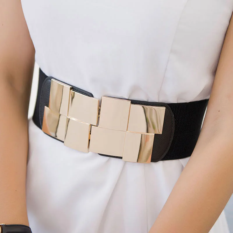 

Women Elastic Waist Closure Wide Belt Gold Square Buckle Dress Decorative Belt Female Self - cultivation Elastic Band Girdle