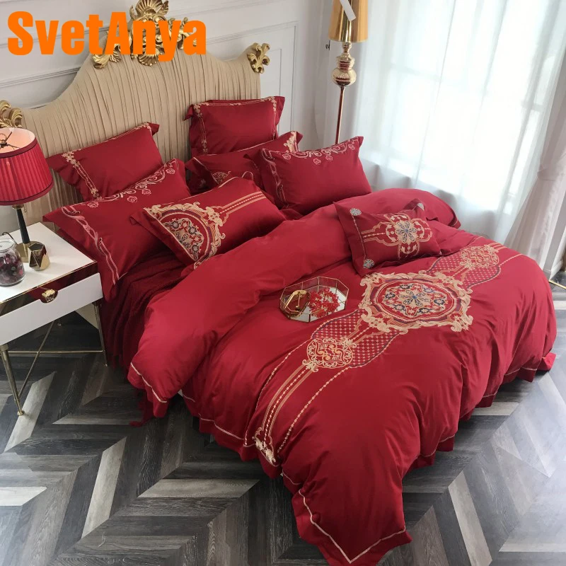 

Svetanya Embroidery Wedding Bedding Sets Red egyptian Cotton Bed Linens Queen King Size Sheet Pillowcases Duvet Cover Sets