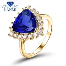 Real 14K Yellow Gold Trillion 9x9mm Genuine Tanzanite Diamond Annversary Ring for Wife Christmas Loving Jewelry Gift SR291A