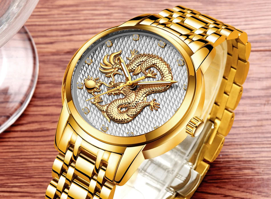 2021 LIGE New Golden Mens Watches Top Brand Luxury Chinese Dragon Watch Business Full Steel Quartz Clock Male Relogio Masculino