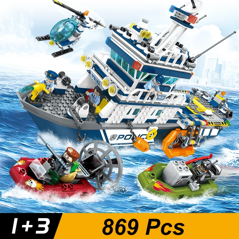 

869Pcs Police Series Toys Patrol Boat Helicopter Model Building Blocks Compatible Legoings Air Plane Enlighten Bricks Kid Gift
