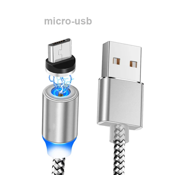 Магнитный USB кабель для быстрой зарядки мобильного телефона Micro type C Шнур для iPhone XS XR 8 7 samsung S10 S9 Xiaomi светящееся магнитное зарядное устройство - Color: sliver - micro
