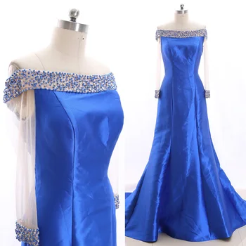 

MACloth Royal Blue Mermaid Off the shoulder Floor-Length Long Crystal Tulle Prom Dresses Dress L 265824 Clearance