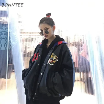 

Jackets Women Funny Cartoon Embroidery Harajuku Thicker Faux Leather Coat Trendy Simple Student Coat Womens Korean High Quality