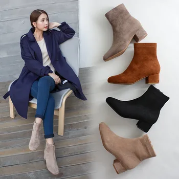 

Women Boots Winter Autumn Ankle High Shoes Flock Suede Leather Woman Fur Boot Solid Color Medium Heel Side Zipper Bottine Bootie