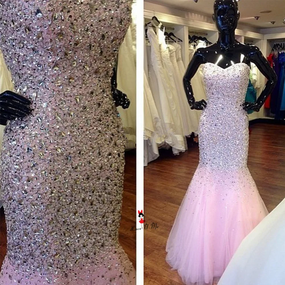 

Abendkleider 2018 Pink Crystals Rhinestones Long Evening Gowns Tulle Corset Back Real Sample Prom Dresses Custom Made Avondjurk