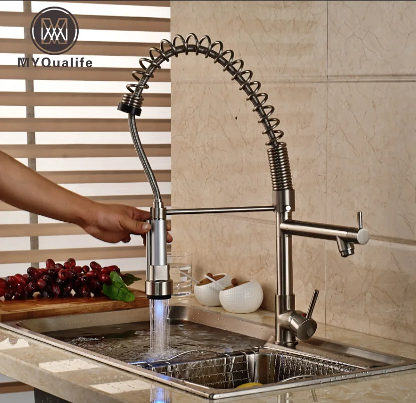 Nickel Brushed LED Swivel Spout Spring Kitchen Faucet Dual Sprayer Vessel Sink Mixer Tap hot sale brushed nickel kitchen faucet spring style swivel spout single handle vessel mixer tap