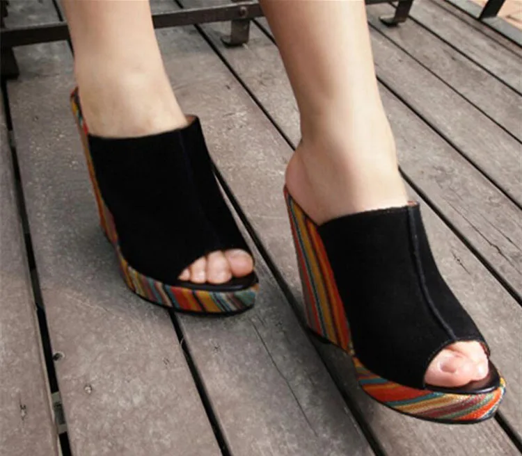 Sandals 2017 PigSkin High Platform Shoes Fashion Women Summer Slippers Genuine Leather Women Shoes Plus Size 30-43 Slides Heel (3)