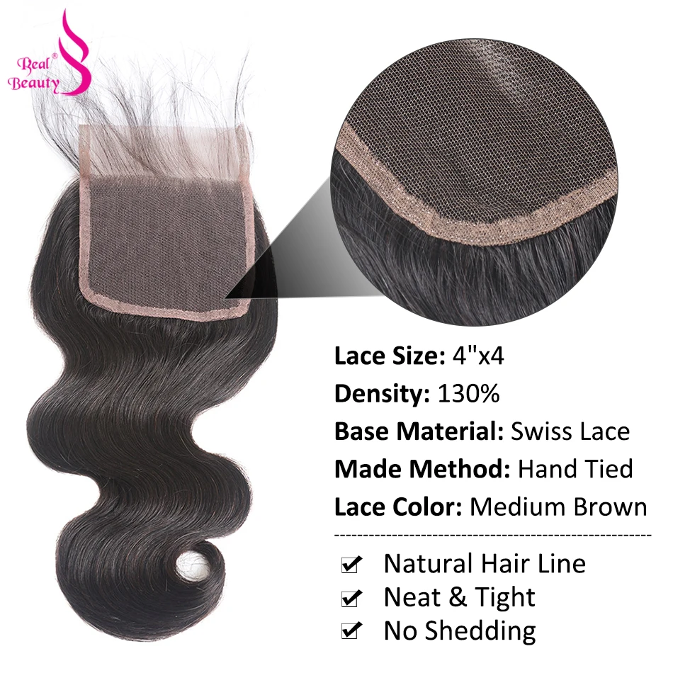 Real Beauty Peruvian Hair 3 Bundles Deal With Closure 100% Human Hair Weave Body Wave Hair Bundles With Lace Closure Non-Remy