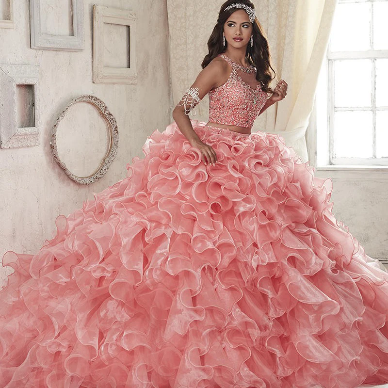 2017 Coral Two Pieces Quinceanera Dress Organza Ball Gown Prom Dresses Vestidos De 15 Dress Sweet