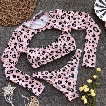 

2019 Sexy Long Sleeve Leopard Bikini Women Swimwear Female Swimsuit Three-pieces Bikini set Bather Pink Bathing Suit Swim