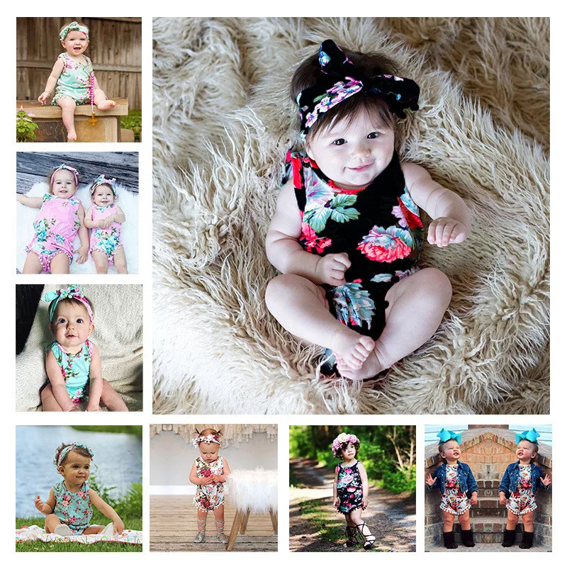 

Summer Baby Bodysuit Sleeveless Print Fringed Crawling Clothes + Hair Band Baby Girl's Comfortable Breathable Triangle Jumpsuit