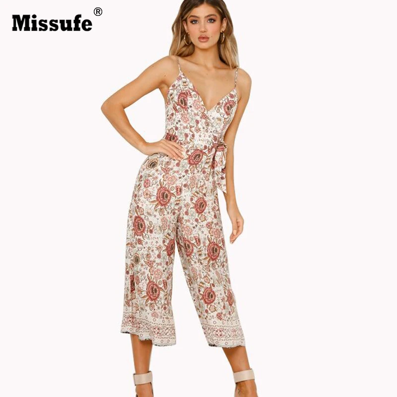 

Missufe High Waist Wide Leg Jumpsuits Spaghetti Strap Floral Print Playsuits 2019 Rompers Boho Beach V Neck Sexy Bodysuits Women
