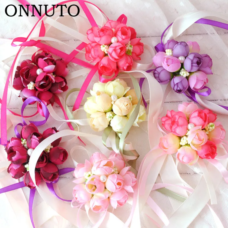 

Artificial Rose Wrist Corsage Bracelet Silk Rose Flower Bridesmaid Hand Flower With Leaf Ribbon Wedding Party Accessories 7C1359