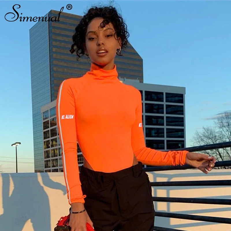 

Simenual Casual Bodycon Neon Bodysuit Letter Print Long Sleeve Rompers Womens Jumpsuits Reflective Striped Turtleneck Bodysuits