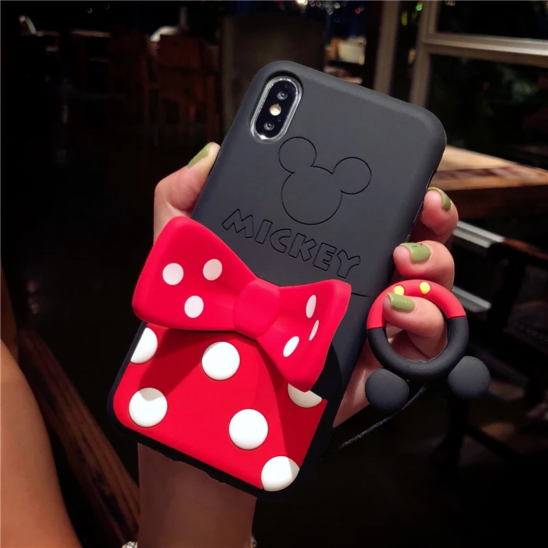 New for iPhone 7 plus case for iPhone XS Max Mickey cartoon cover for iPhone XR 8 plus 6 6splus bowknot kickstand Minnie strap