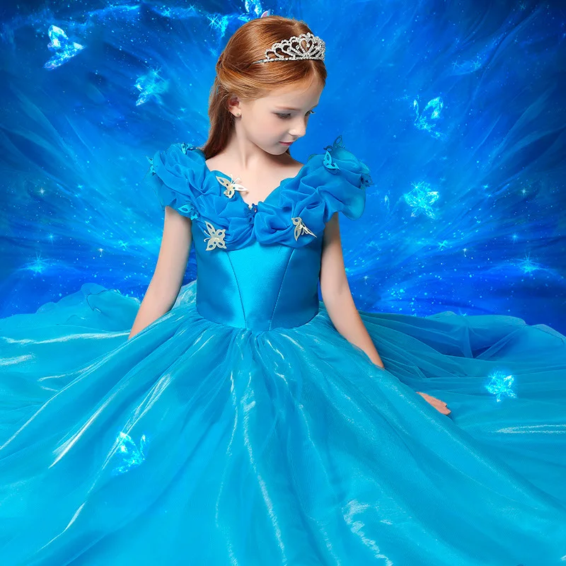 

High Quality Kids Girls Princess Cinderella Fancy Party Dress Halloween Christmas Costume Blue ButterFly Dress Birthday Gifts