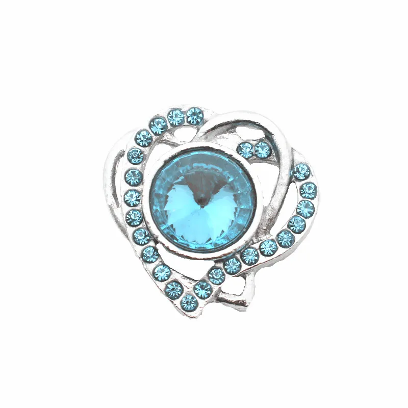 

Hot Sale 10pcs/lot Metal Dual Heart Blue Crystal Snap Buttons Charms Fit 18mm/20mm Snap Button Bracelets Bangles DIY Jewelry