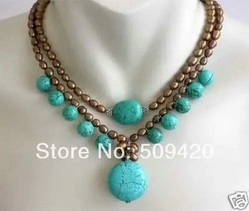 

~~ Free ShippingGenuine 2 rows brown pearl turquoise pendant necklace