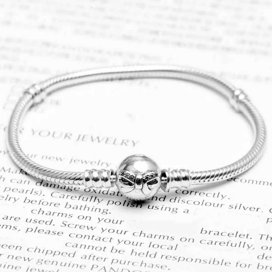 

New 925 Sterling Silver Bracelet Dainty Bow Clasp With Crystal Snake Chain Bracelet Bangle Fit Bead Charm DIY Pandora Jewelry