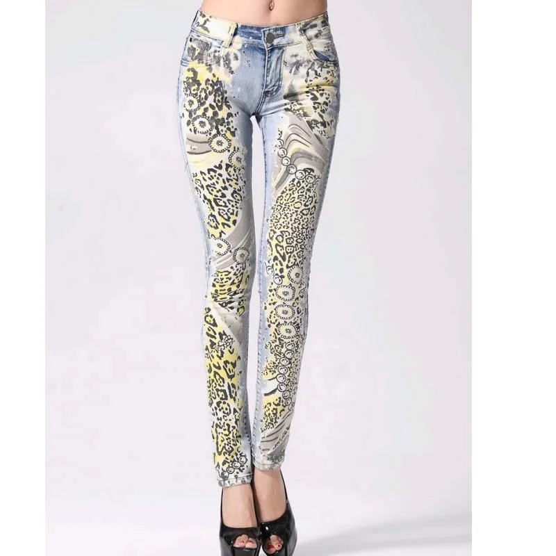 

Promotion Fashion jeans woman Casual Pencil pants Girl Washed Leopard printing Pattern Skinny Long women Jeans Capris Female