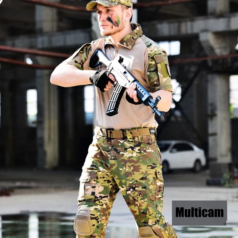 

Short Sleeve Combat Suit for Man Hunting Clothes Multicam Camouflage Tactical T-Shirt + Pants with PadsCombat Uniform
