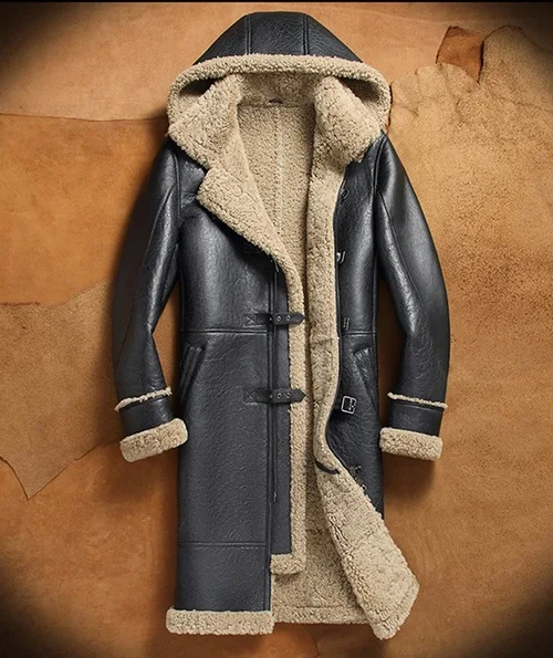 Мужская зимняя модная повседневная куртка из овечьего меха из овечьей кожи с подкладкой из шерсти длинная байкерская куртка пальто - Цвет: Черный