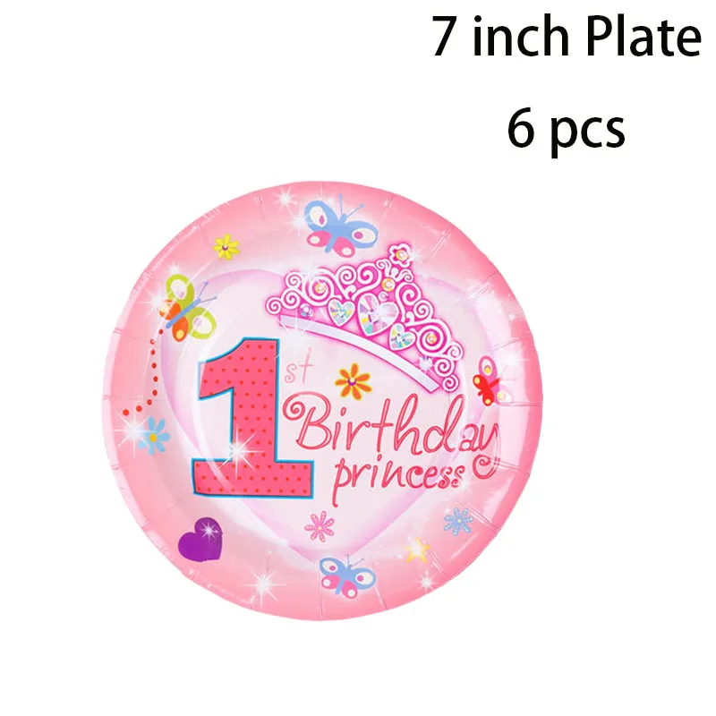 Pink Kids 1st Birthday Party Decorations Paper Plate Napkins Cup Flag Party Supplies Disposable Tableware Set Baby Shower Favor - Цвет: 7 inch plate 6 Pcs