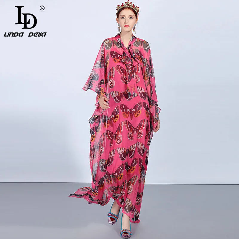 

LD LINDA DELLA 2018 Fashion Runway Boho Vacation Maxi Dresses Women's Batwing Sleeve Loose Chiffon Butterfly Printed Long Dress