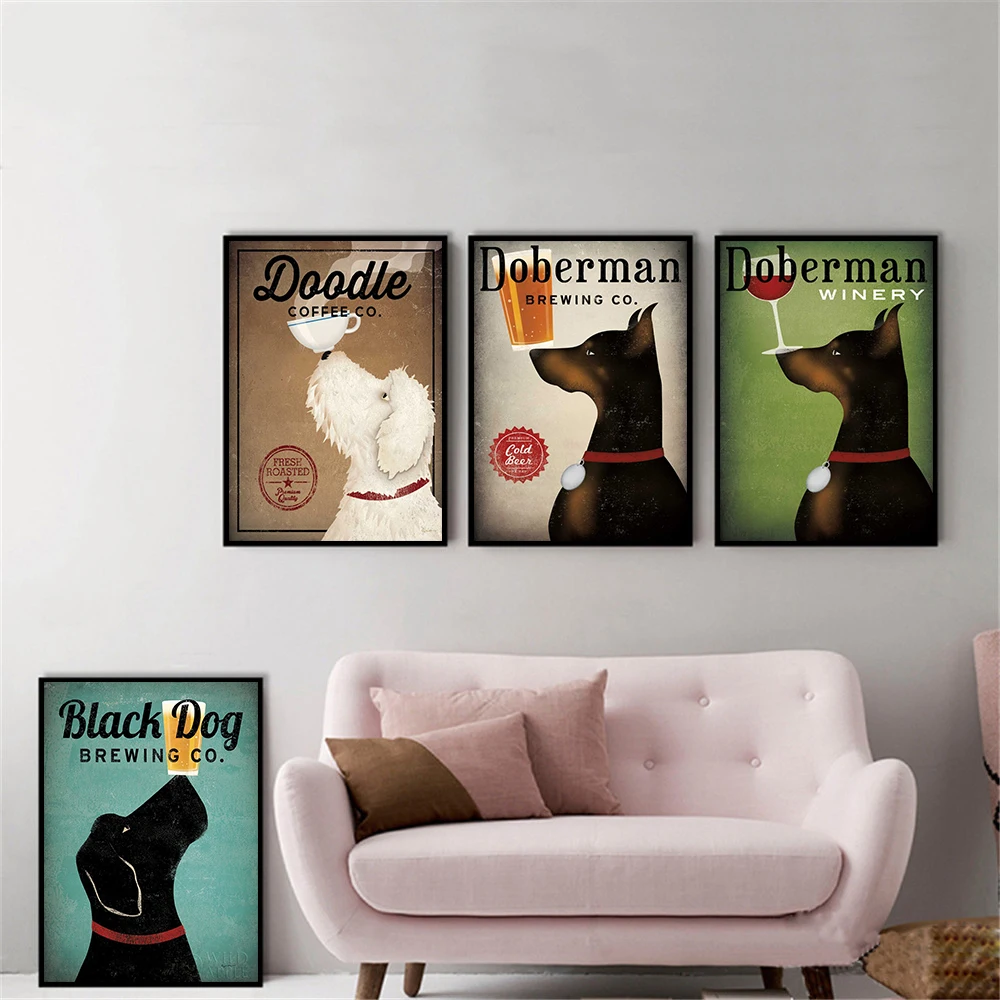 Настенные художественные ретро черные собаки овчарки Doberman напиток собака холст