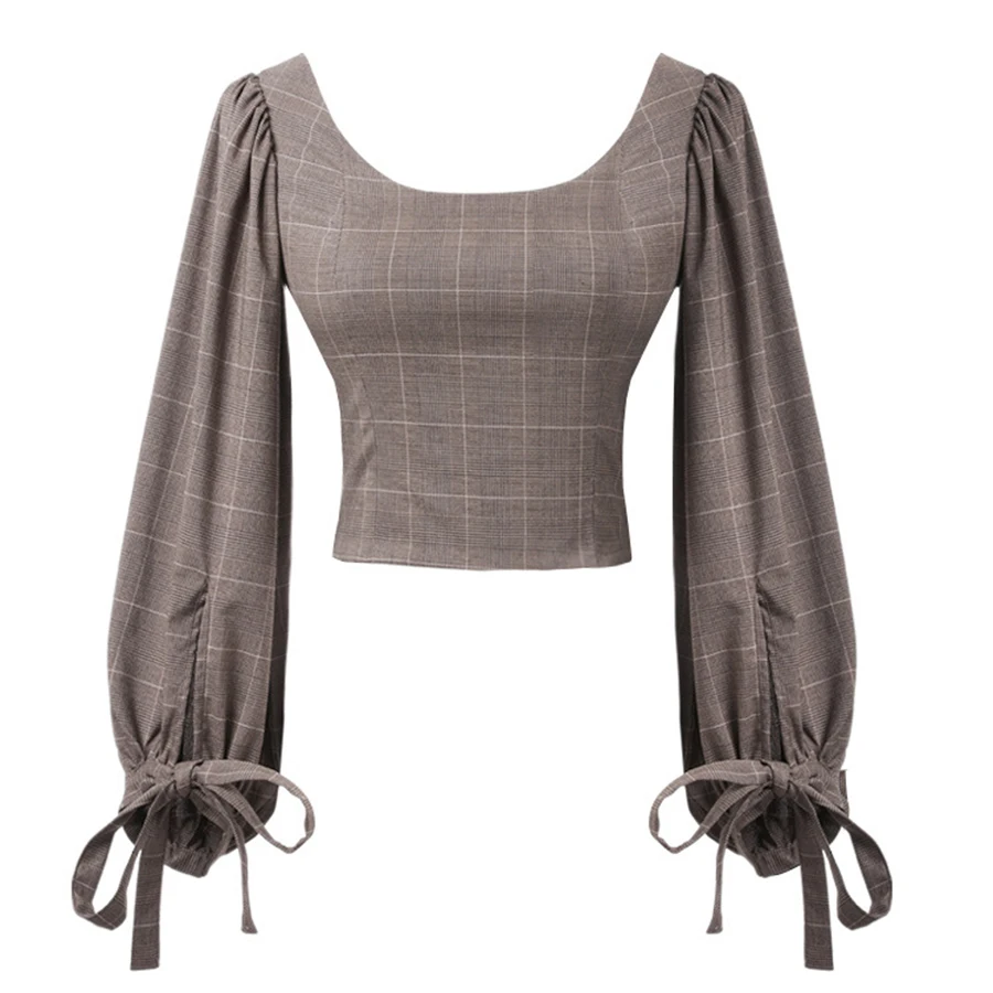 2018 Autumn Vintage Palace Plaid Shirts Lantern Sleeve Off Shoulder Slash Neck Backless Cross Drawstring Sexy Women Blouse Blouses