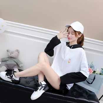 

2018 New Harajuku Kawaii Casual T Shirt Spell Color Stitching Cotton Tumblr Long Sleeve Shirt Women Lovely Ice Cream Hooded Tops