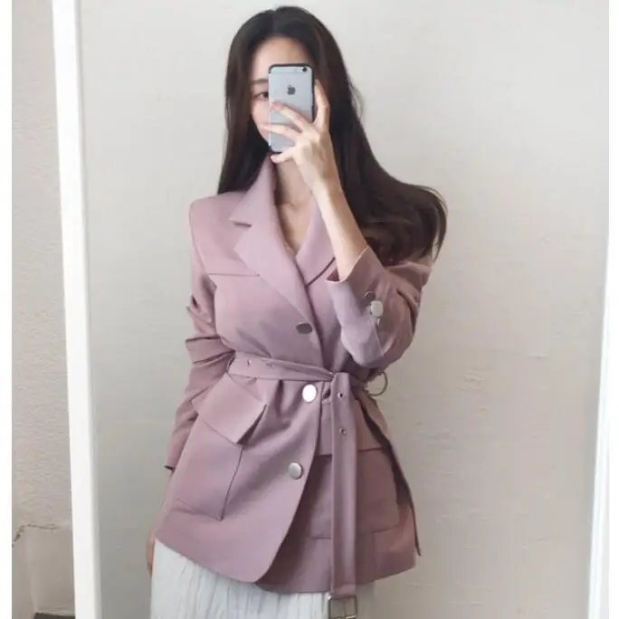 

Woman Coats American Slim Fit Suit Jacket With Belt Long Sleeve Suit Coat Blazer Femme Tops 2019 New Arrival Black Pink Outwear
