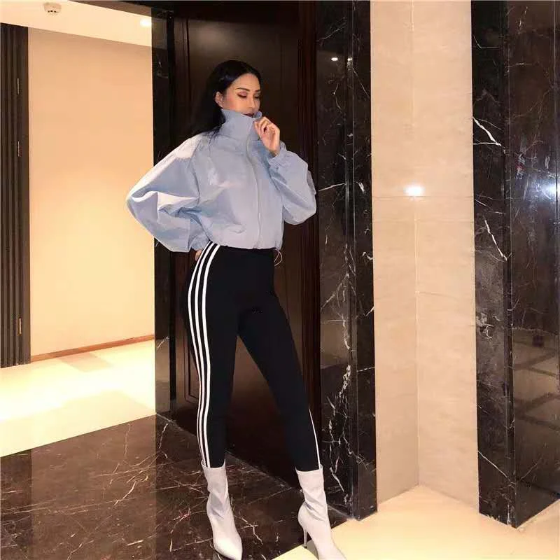 Ceny Jesień wysokiej talii kobiet legginsy bawełny w stylu casual, w paski Stretch elastyczna talia legginsy kobiety Legging spodnie damskie legginsy