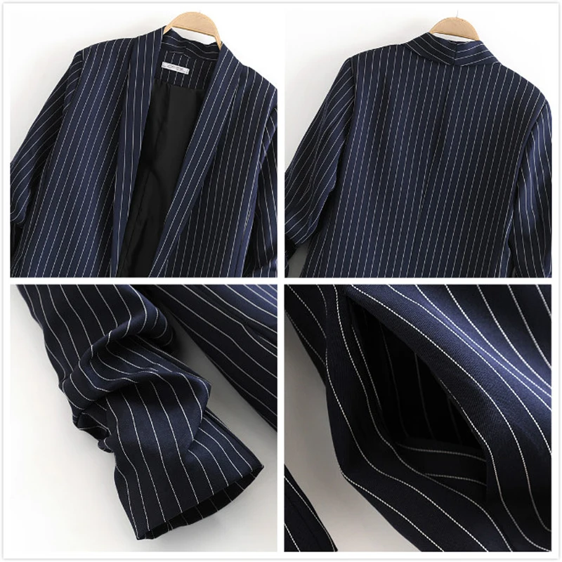 Women Chic Striped Jacket Blazer Side Pockets Pleat Long Sleeve Open Stitch Coat Female Work Office Lady Casual Tops Outwear