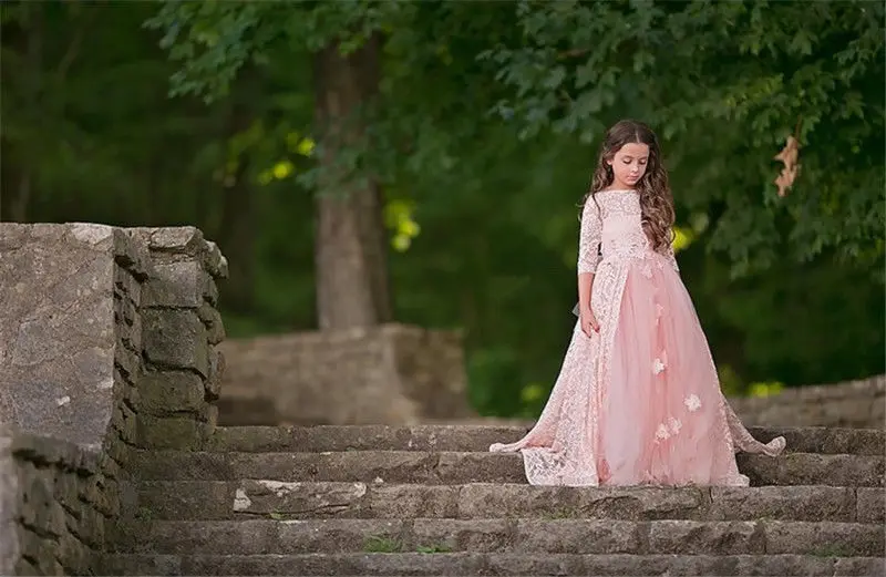 Розовое Кружевное Платье для первого причастия для девочек, коллекция года, пышное платье трапециевидной формы для девочек, платья с цветочным узором для девочек, Vestidos De Comunion