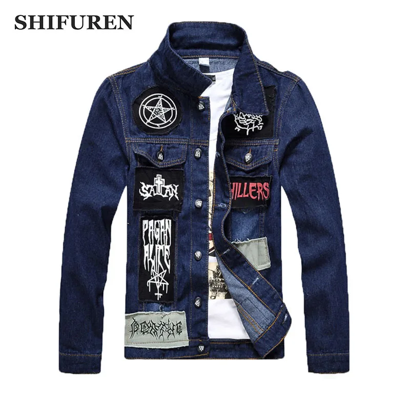 SHIFUREN, Мужская джинсовая куртка с нашивками, мужская хлопковая джинсовая куртка с длинным рукавом, однобортная куртка в стиле панк-рок, ковбойская уличная одежда