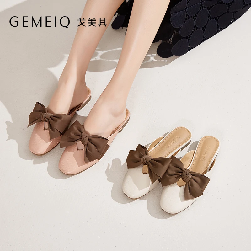 

EMEIQ 2019 Female bow flat bottom slide half slippers ladies shoes female flat bottom slippers mules shoes open heels