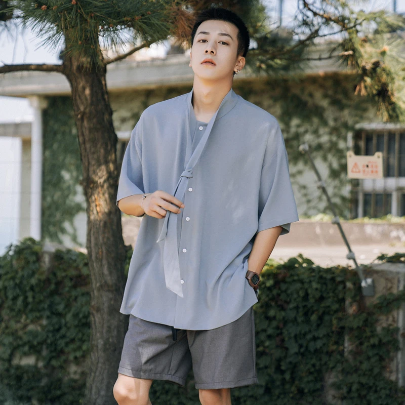 

Summer New Dress Shirt Men Fashion Solid Color Business Casual Society Men Shirt Man Streetwear Wild Loose Short-sleeved Shirt