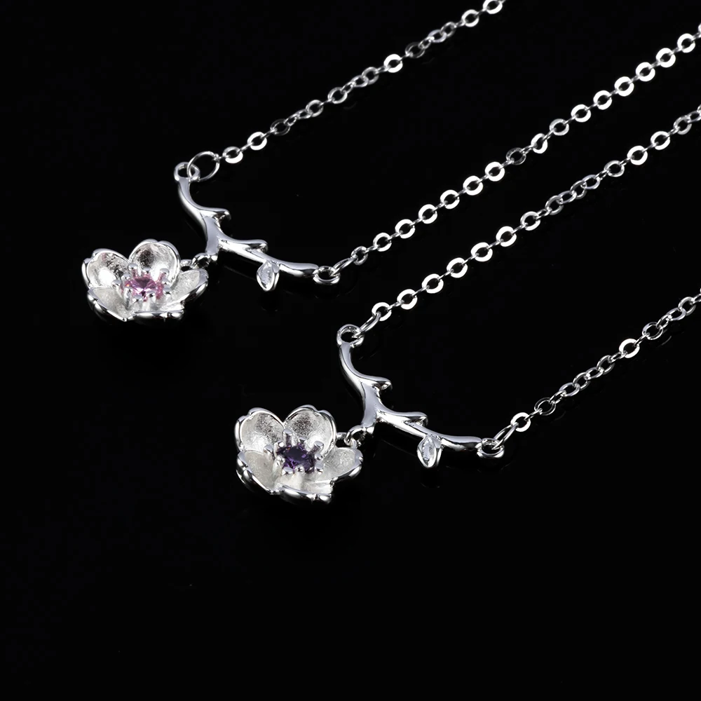 

Sweet Cute Simple Silver color Branch Cherry Flower Necklace Purple/Pink Crystal Sakura Necklace for Women Girl Gifts