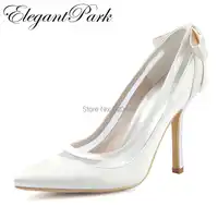 Shoes Woman Bridal Wedding High heel White Ivory Pointed Toe slip on Bows Stain Bride Bridesmaid Prom Party dress Pumps HC1806